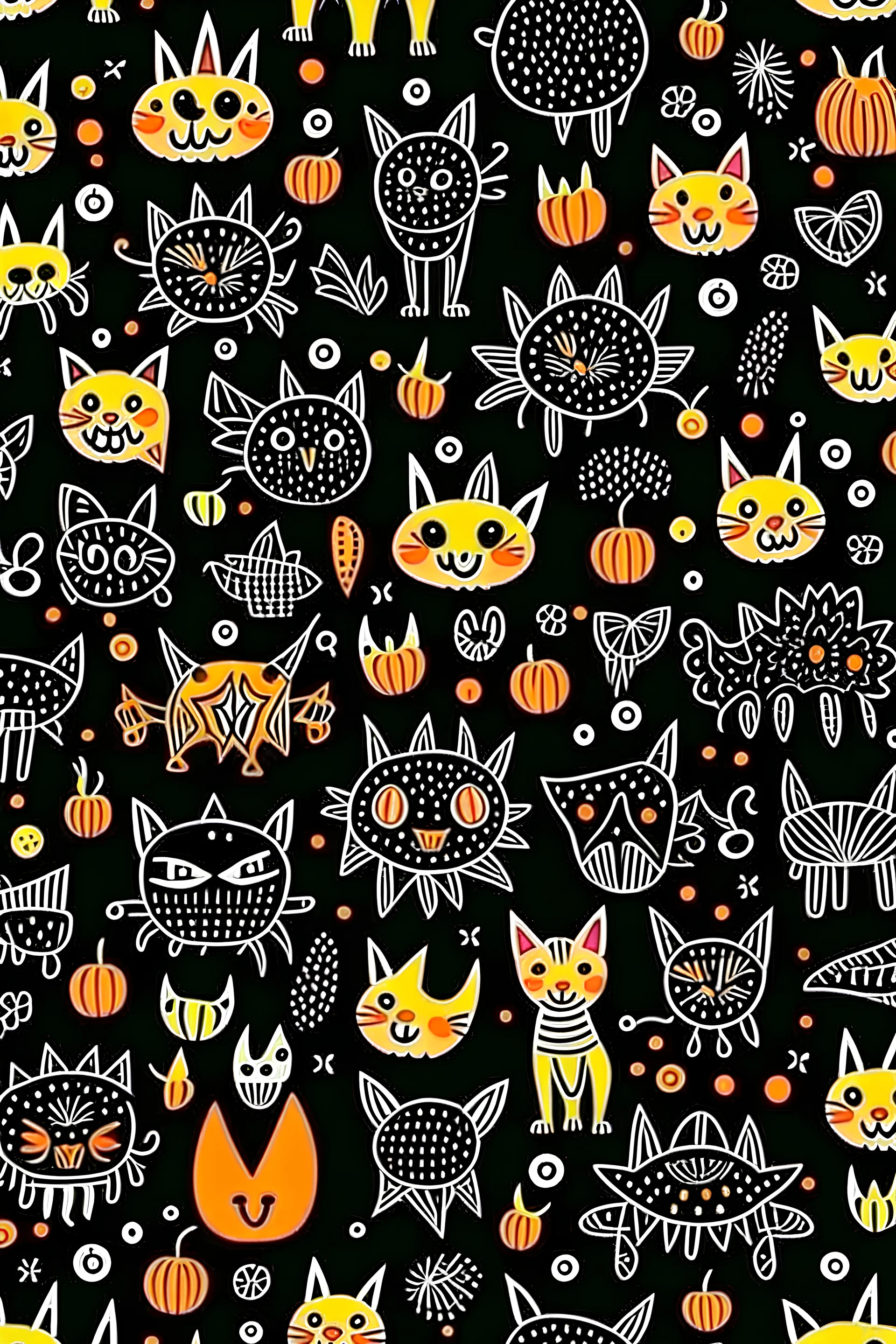 halloween pattern with black cats, bats, skeletons, and witches in a cartoon style