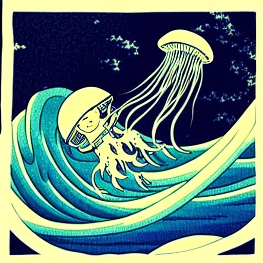 An astronaut floating in space surrounded by a halo of glowing jellyfish, done in the style of Hokusai's The Great Wave off Kanagawa