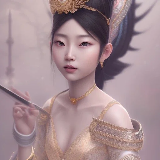 smooth hyper realistic, beautiful Japanese goddess, pale colors, run on dark cosmos background, cat еye, extremely sharp detail, finely tuned detail, ultra high definition, 8 k, unreal engine 5, ultra sharp focus, accurate sword wings, positive smile, lot of details, fit within portrait, Ambiance winter, perfect composition, perfect hair, perfect hands, finger up gestures