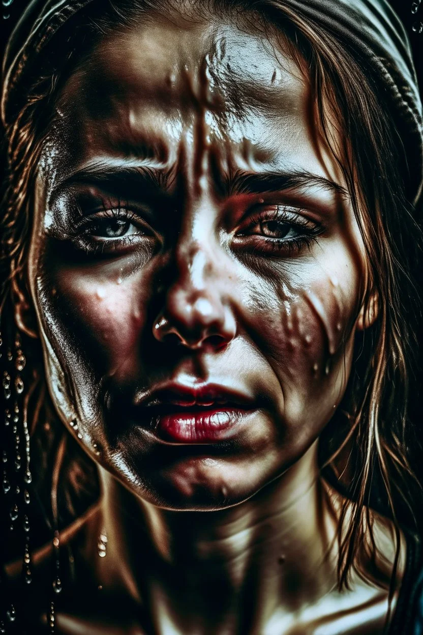 A beautiful woman with tears streaming down her face, her expression a mix of sorrow and despair.HOF, full size, (((realism, realphoto, photography, professional photographer, captured with professional DSLR camera, 64k,