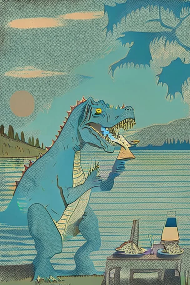 Eating a dinosaur by the lake in a Picasso style