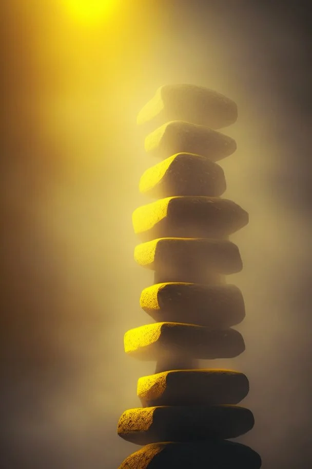 tower build of yellow stones misty trending, depth of field, backlit