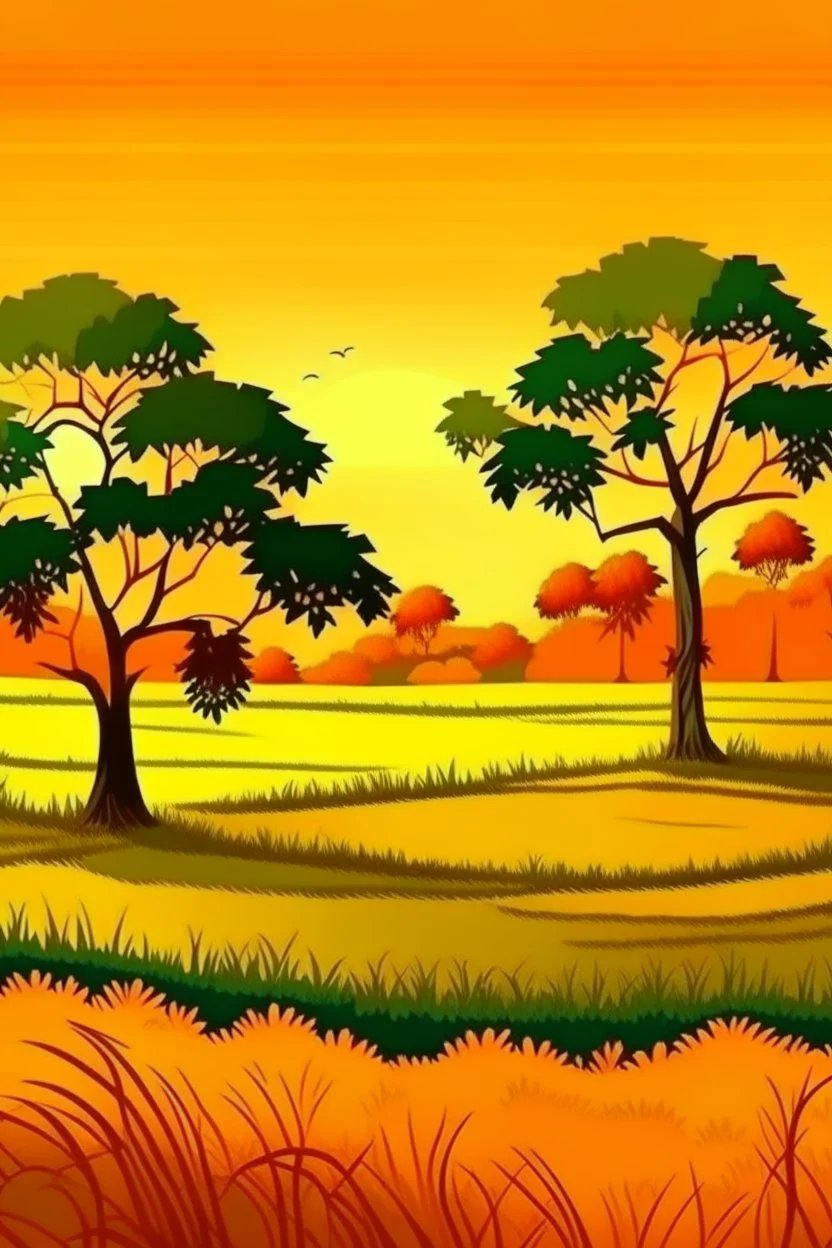 Trees，Warm color palette，The grasshopper stood on the rice field