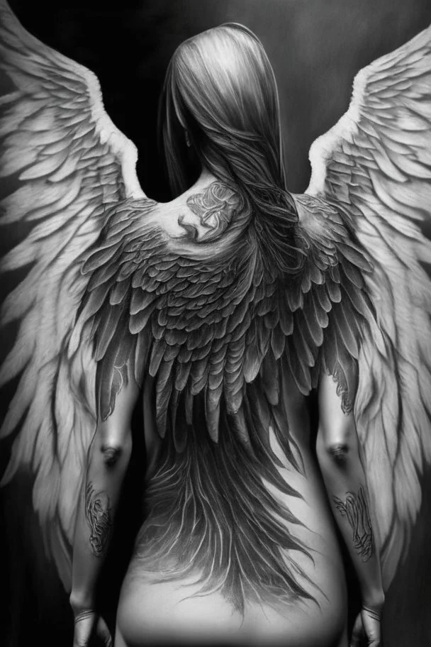 full body woman angel from back wings coming from her back, angel wearing long tunic ultra realistic tattoo