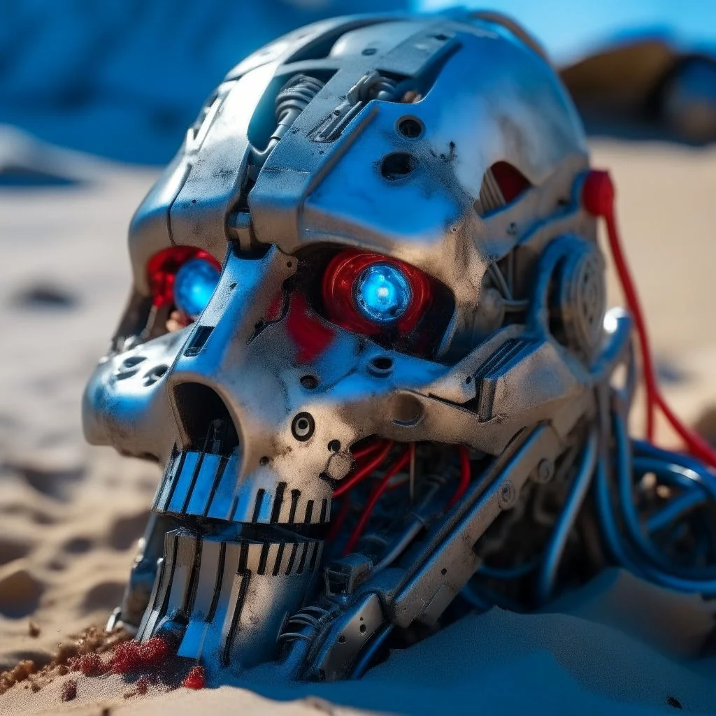 half destroyed robot head lying on sand in daylight, silver face parts, rgb lights rugged face, strings and metal pieces sticking, blue and red eyes bright glow lights, inner machinery look, oil leak, cinematic macro shot,