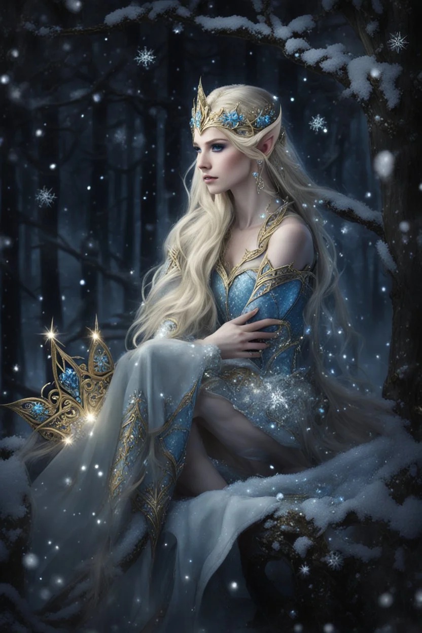 Elven princess,elven crown,long blonde golden hair,rapunzel hair,ice flowers,beautiful,light blue,dark blue,golden armor,sparkle,glitter,ice flowers,snow,elven ears,dark fairy princess