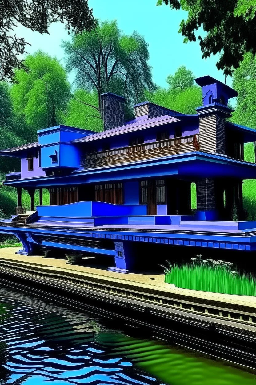 A blue violet mansion with floating instruments painted by Frank Lloyd Wright