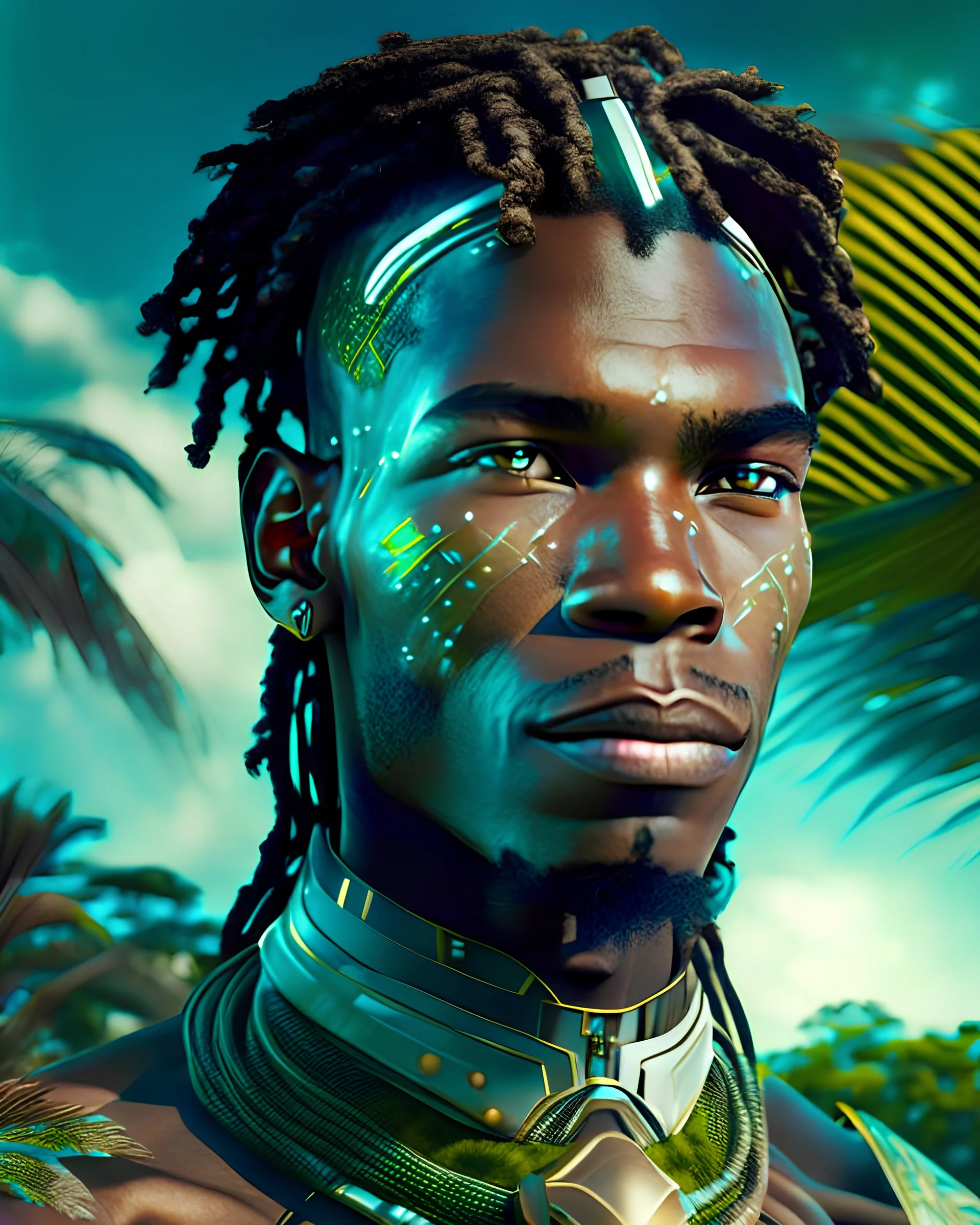 A portrait of a Caribbean male companion human in the far future where AIs rule Earth