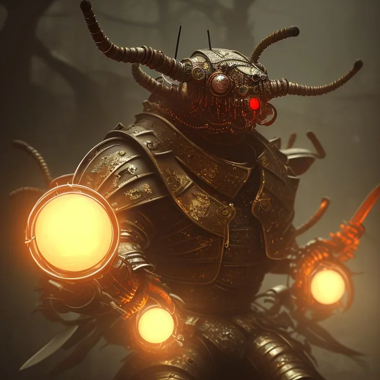 close-up of a horror insect with samurai armor in a low-light city street with laterns, realistic, steampunk, 3d-art, futuristic, minimal design, unreal engine