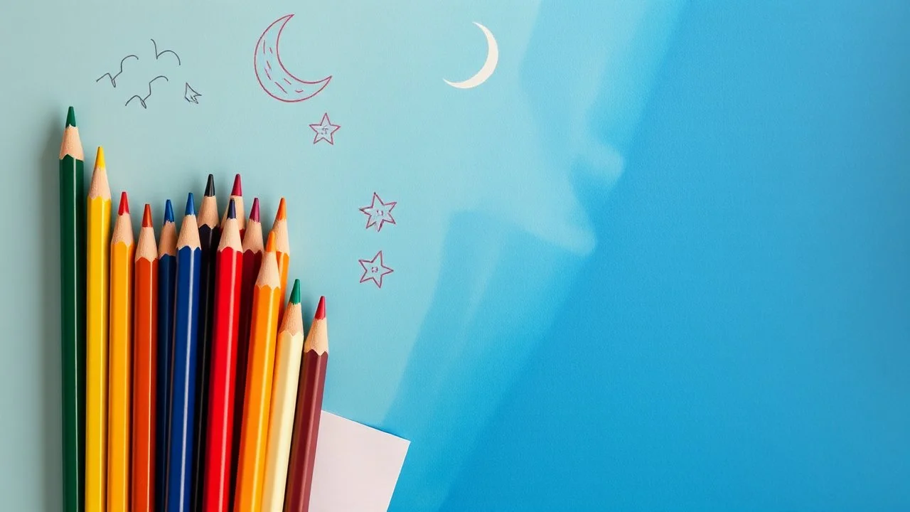 A bunch of colored pencils and some children's drawings on the wall and the image of the crescent moon above the image on a light and dark blue background, amazing, poetic and special.