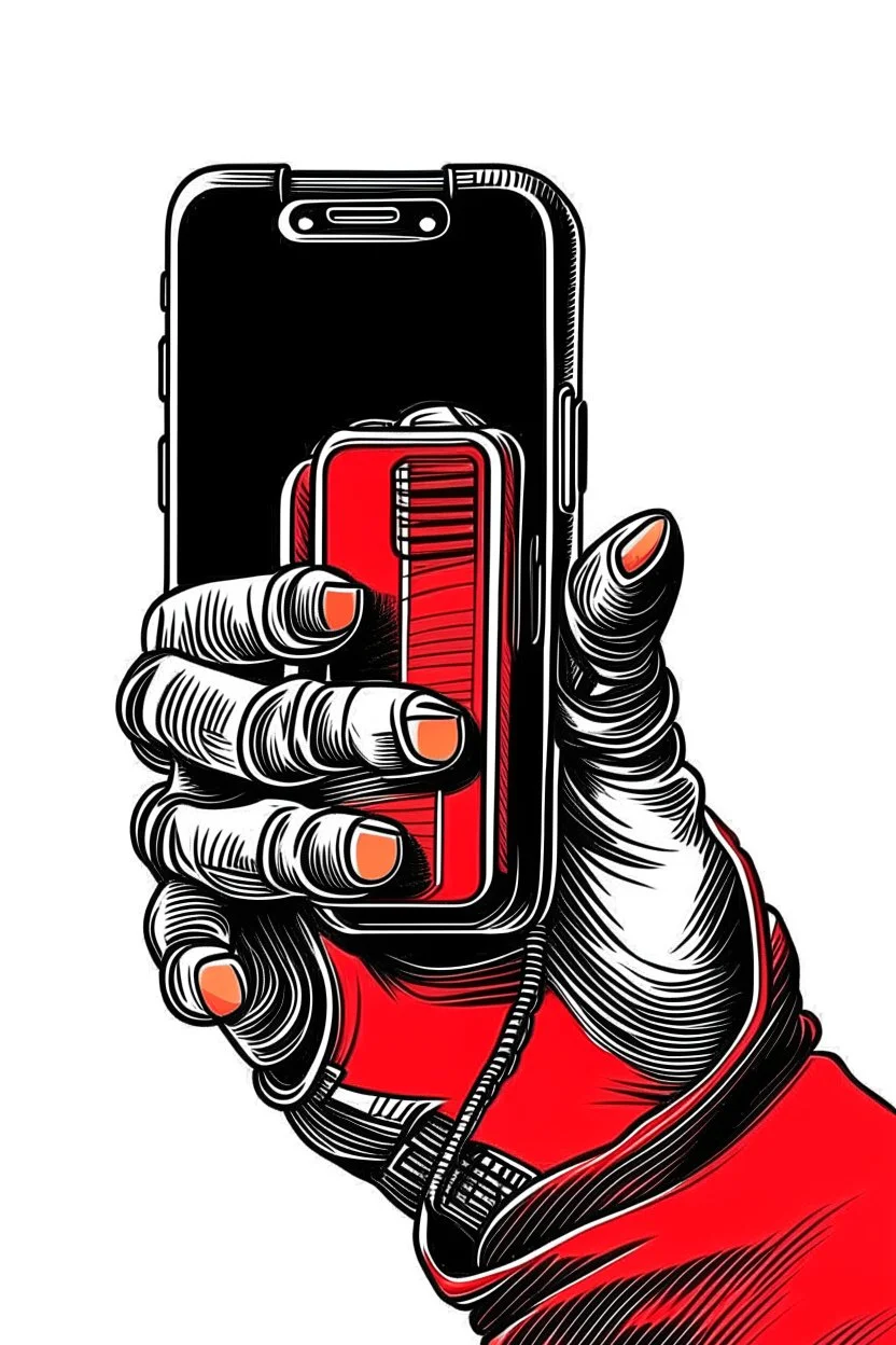 A clunky brick phone with a protruding antenna, held tightly by a gloved hand. A single red bar indicates weak signal strength. Style: Pop Art, Mood: Pop culture, Lighting: Bold, contrasting colors with a focus on the phone, T-shirt design graphic, vector, contour, white background.