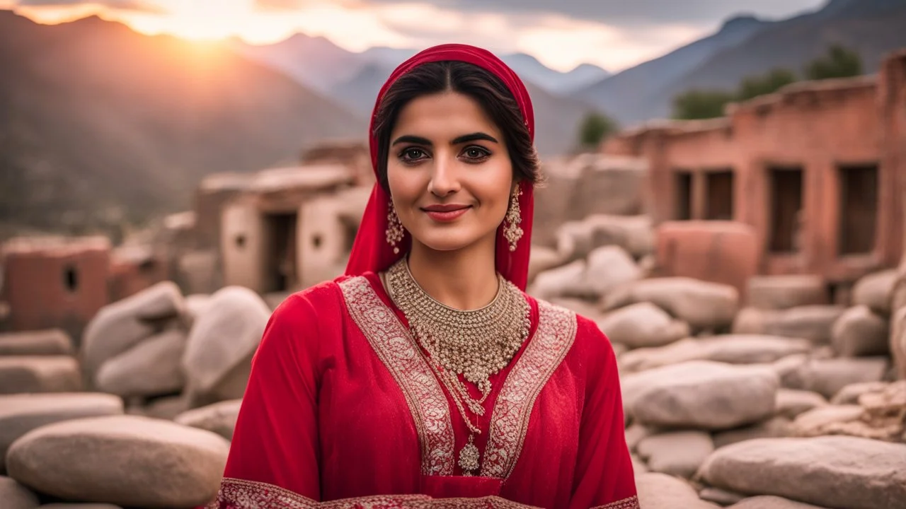 A Closeup face of a beautiful a young Pakistani pashto woman in a beautiful traditional red dress with white embroidery happily standing outside village houses made of rocks & bricks with mountains behind her at beautiful cloudy sunset showing cinematic And dramatic ambiance.