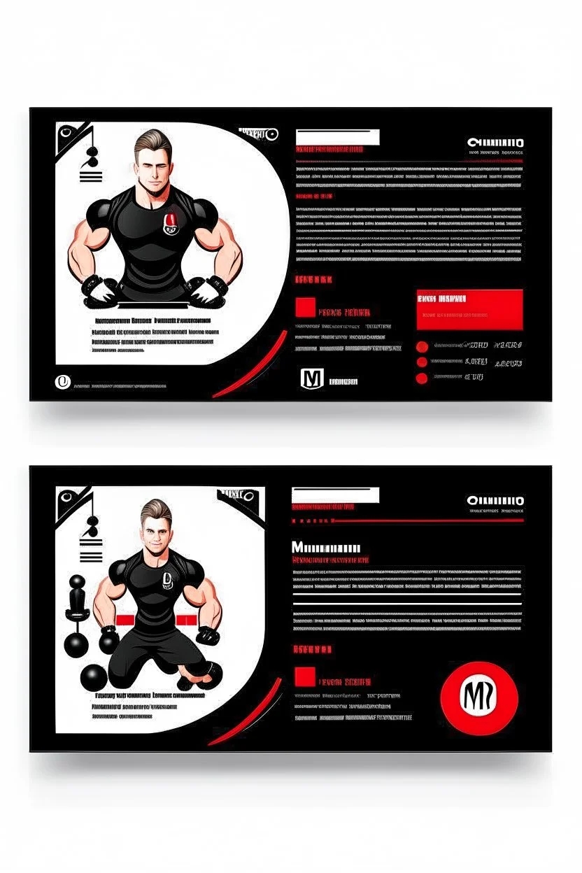 business card layout for a gym instructor, red and black, vector art with gym mechines, white background with email, address, phone number and Instagram icons