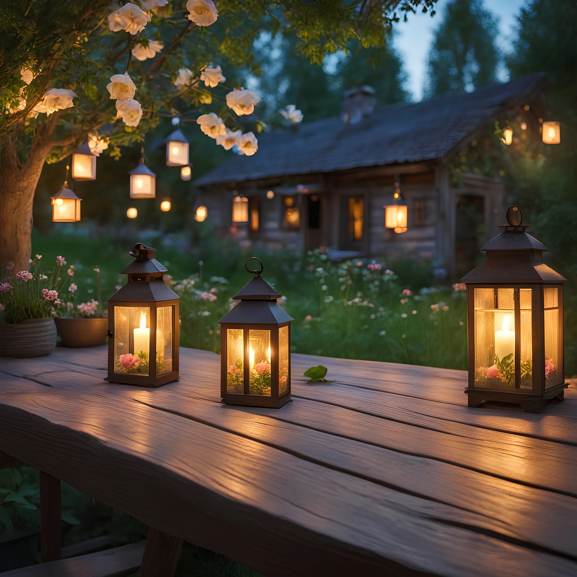 In the serene ambiance of the cottage yard on a warm Spring evening, a rustic wooden table sits, bathed in the warm glow of candlelit lanterns. Delicate flowers adorn its surface, their fragrance mingling with the gentle breeze. Nearby, a small kitty hops about, adding an enchanting touch to the idyllic tableau, realistic photo, 8K
