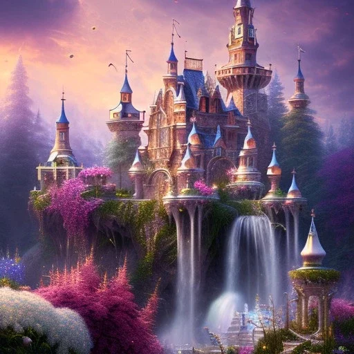 8K realistic dreamscape with magical white castle, Cascades of bright flowers, majestic, intricate, masterpiece, insanely detailed, cinematic smooth, intricate details , soft smooth lighting, soft smooth pastel colors, iridescent accents