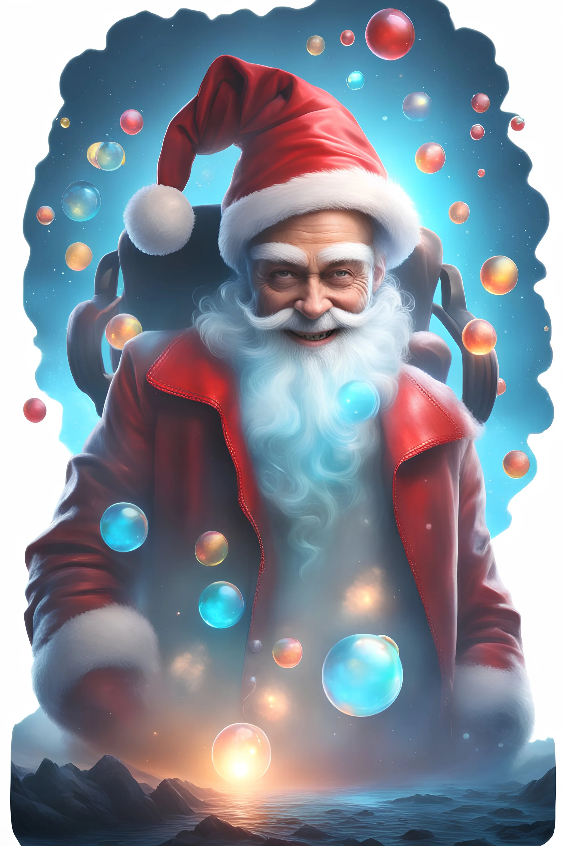 Christmas Themed -- Multicolored 3D Bubbles, multicolored, Floating 3D hearts with an electrical current, fog, clouds, somber, ghostly mountain peaks, a flowing river of volcanic Lava, fireflies, a close-up, portrait of an Alien Xenomorph dressed as Santa Claus, smiling a big bright happy smile, wearing a red leather jacket, red leather pants, black boots, red baseball cap with the words MERRY CHRISTMAS on it, Ray-Ban Wayfarer sunglasses, in the art style of Boris Vallejo