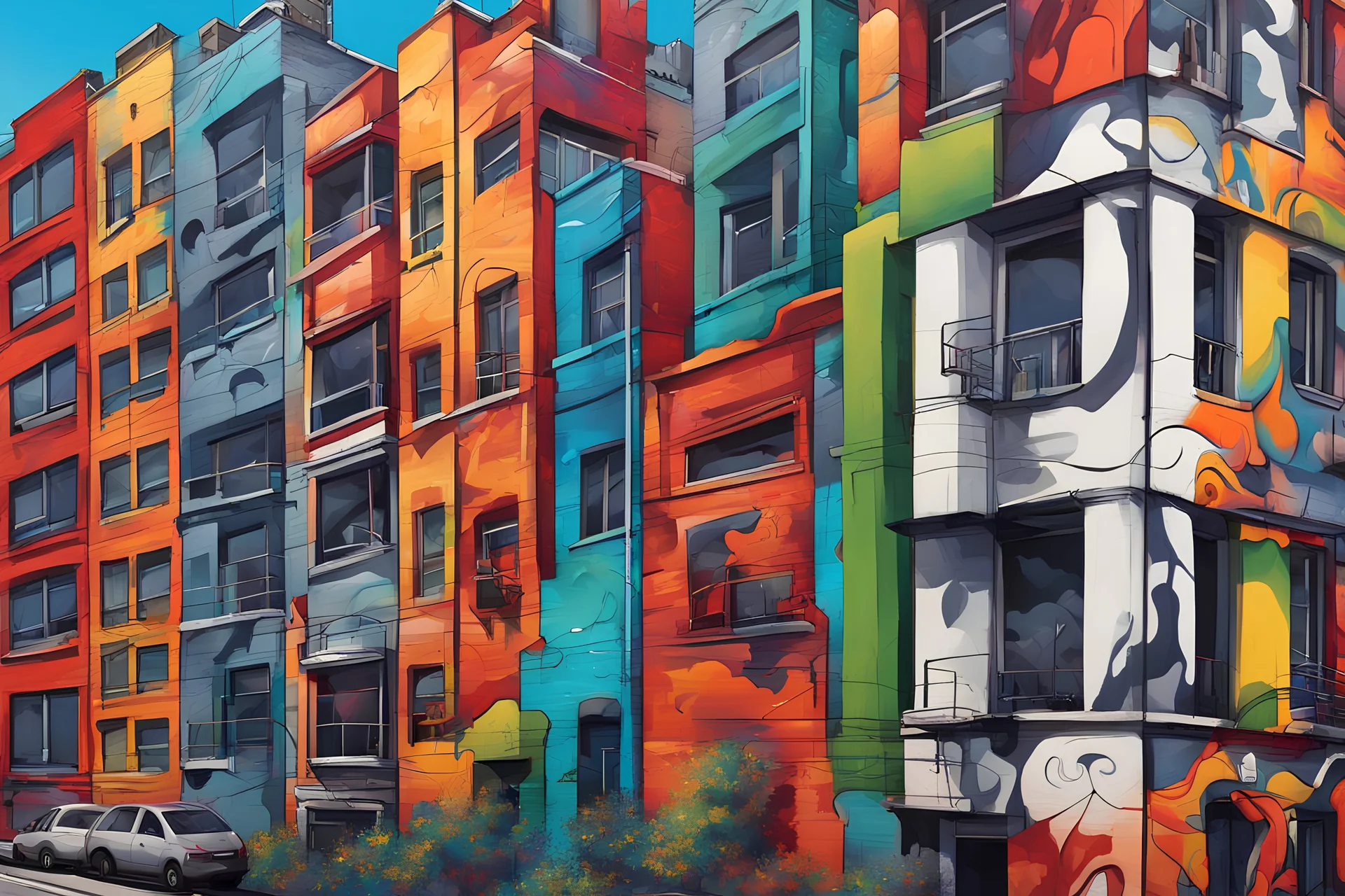 Colorful mural adorning urban city wall, Large-scale street art piece, Vibrant and dynamic colors, Detailed and intricate design, Cultural or abstract theme, Graffiti style with sharp lines and vivid hues, Adding vibrancy to cityscape, Realistic with a touch of urban artistry, Sharp focus on mural details, Bright and contrasting color palette, Digital illustration, Enhanced depth and texture,