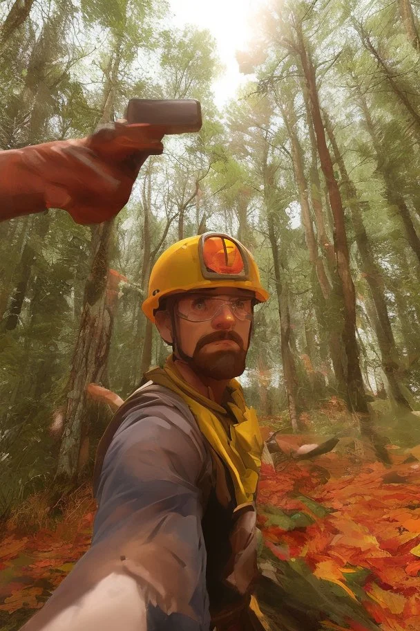 Red vested TF2 engineer with yellow hardhat taking a selfie at the forest