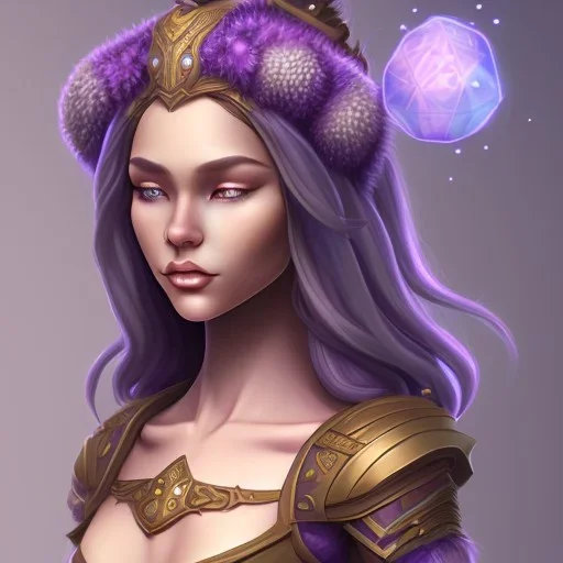 D&D character, female, druid, nature, tan skin, purple galaxy coat, bust, brunette