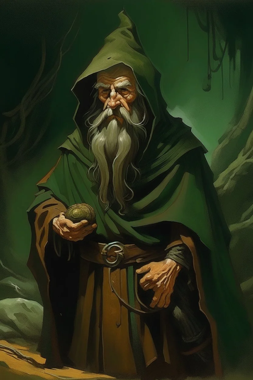 1970's dark fantasy cover dnd style oil painting of an old herbalist hobo like hero using a dark green and brown cloack with sport outfits with minimalist far perspective.