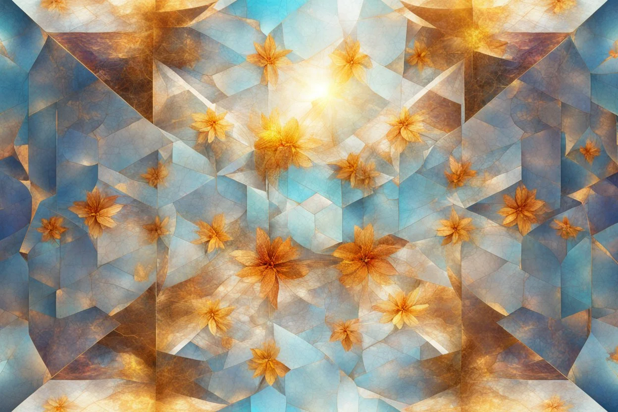 beautiful composition, symmetric pattern, Double exposure of cubes in which abstract flowers are, cracked holographic marble background, the cracks are golden S<AI in sunshine