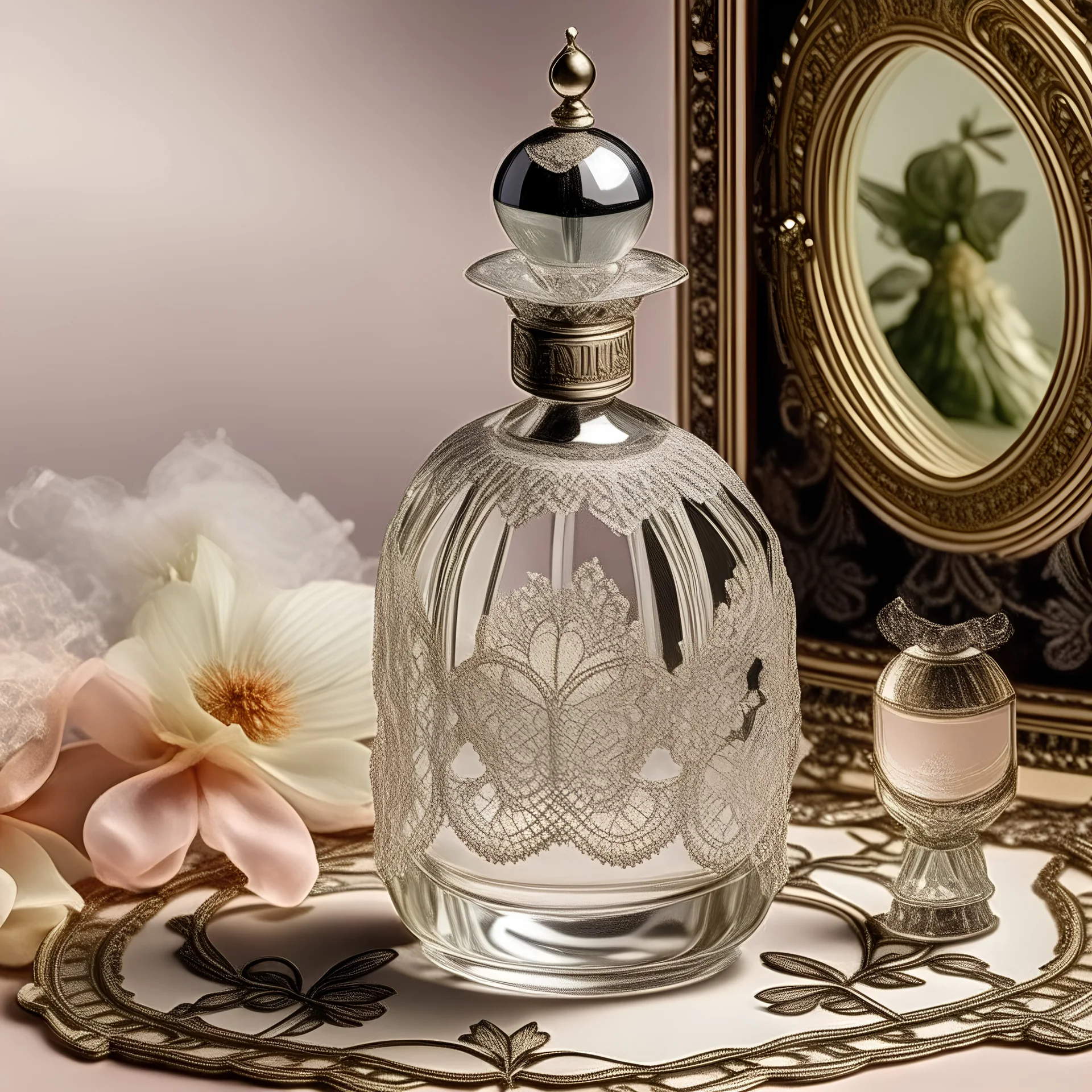 generate me an aesthetic image of perfume for Perfume Bottles with Vintage Lace Parasol