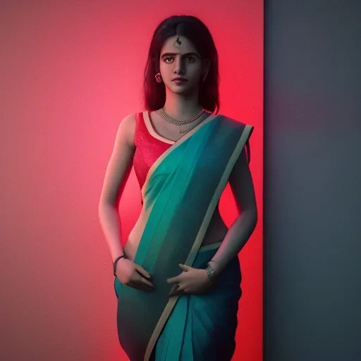 full body photo of a girl in saree in dark room with neon light ,hyperrealistic,detailed,8k,cinematic