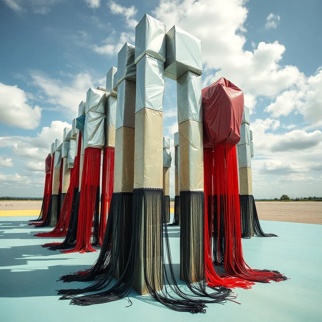 Fotografia di una installazione artisitca. Su una superficie piatta di colore azzurro chiaro e giallo pastello si ergono alcuni gigantesche immense enormi strutture di forma indefinita, fatte di materiali vari, ricoperte da materiale plastico argentato, rosso, e nero, che scende a terra. Max Ernst, Amano, Yves Tanguy, Piet Mondrian, James Ensor, paranoic, obsessive, eccessivo, aria aperta, sole, nuvole, glossy, surreal, hasselblad h6d400c --ar 85:128 --v 6.