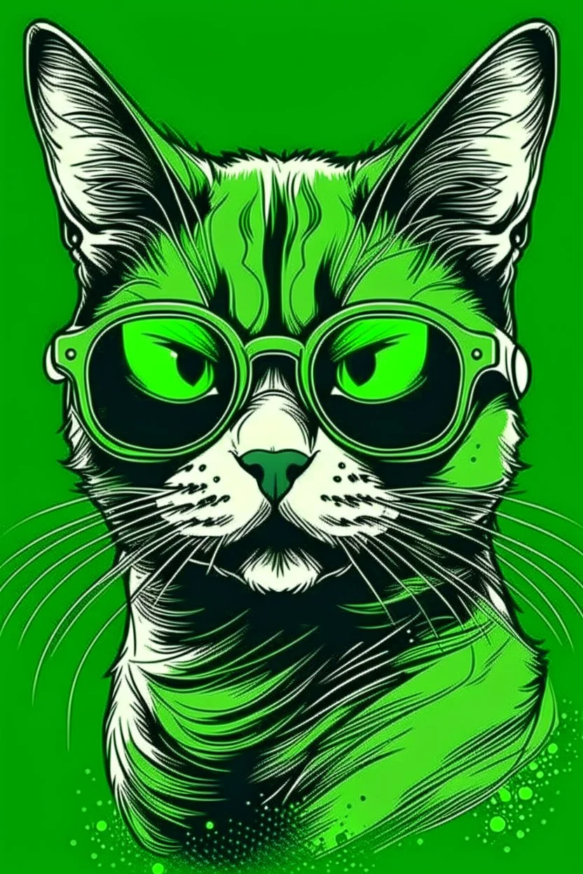 CAT wearing sunglasses, Style: NEW, Mood: Groovy, T-shirt design graphic, vector, contour, GREEN WITH background.