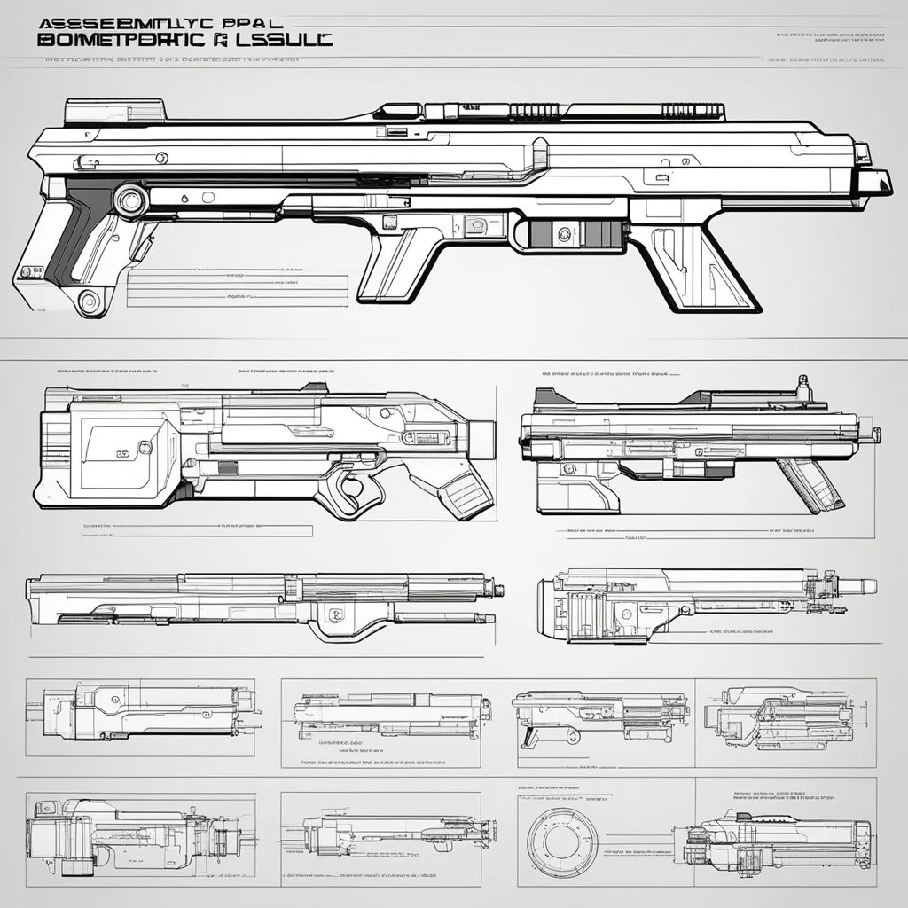 double internal page of the ASSEMBLY & DISASSEMBLY GUIDE FOR Futuristic Biometric Assault Rifle Blueprint Android Spec Sheets Diagrammatic Illustrations for androids, detailed instructions and diagrams