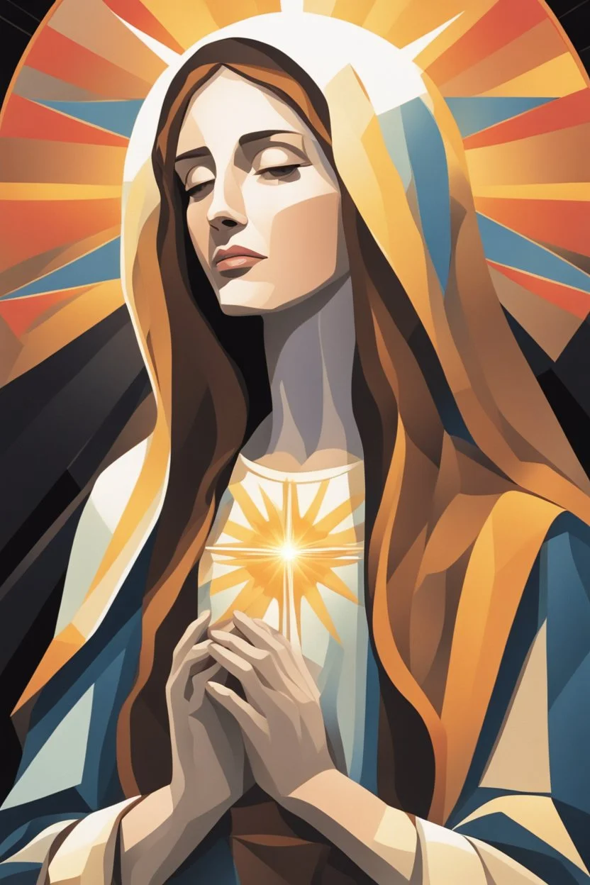 A stylized portrait drawing of colored tiles of Mary the mother of Jesus with long hair, wearing a white veil and surrounded by a geometric halo of rays of light against a dark background- cubism style