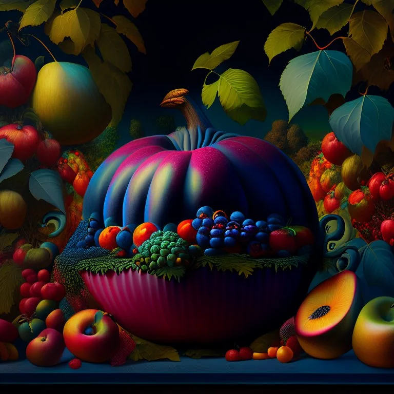 Naturaleza muerta frutas, Fernando Botero style, digital art, colores contrastes, hiperdetallado, 8k