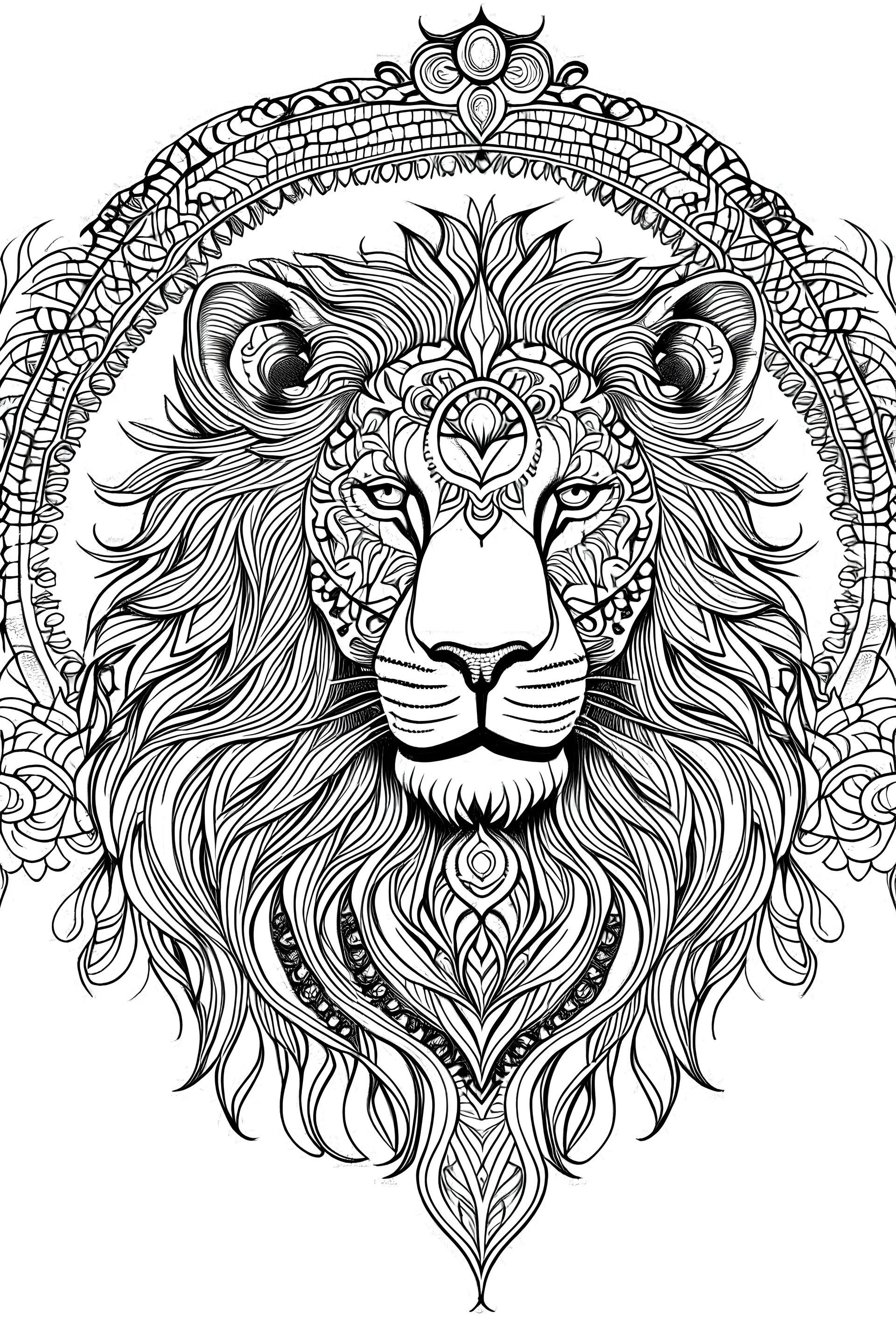 Pages with Majestic Lion Mandala, White background, Sketch Style, full Body, Only use outline, Mandala style, clean line art, White background, no shadows, and clear and well outlined