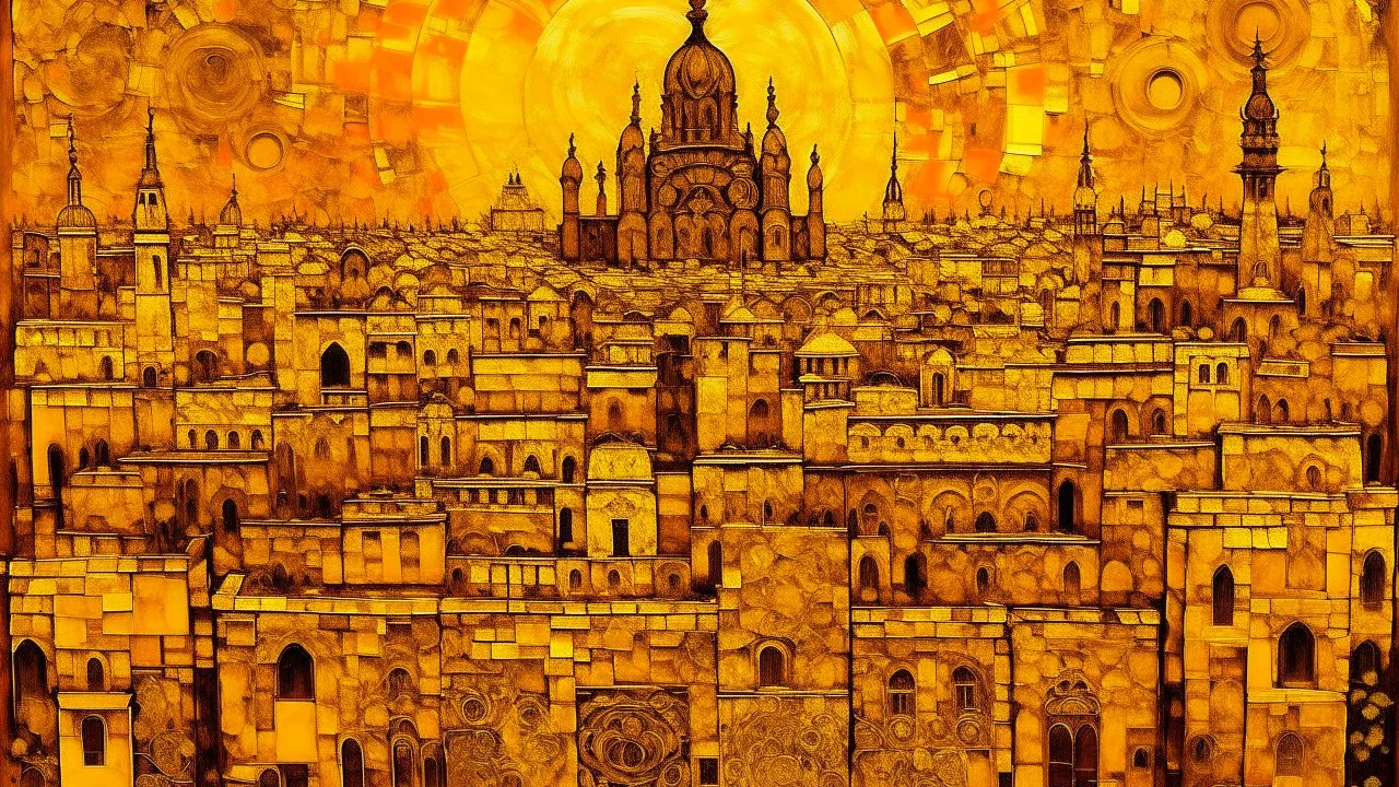 A yellowish orange Mexican city with music notes designed in ancient Egyptian architectures and sculptures painted by Vincent van Gogh