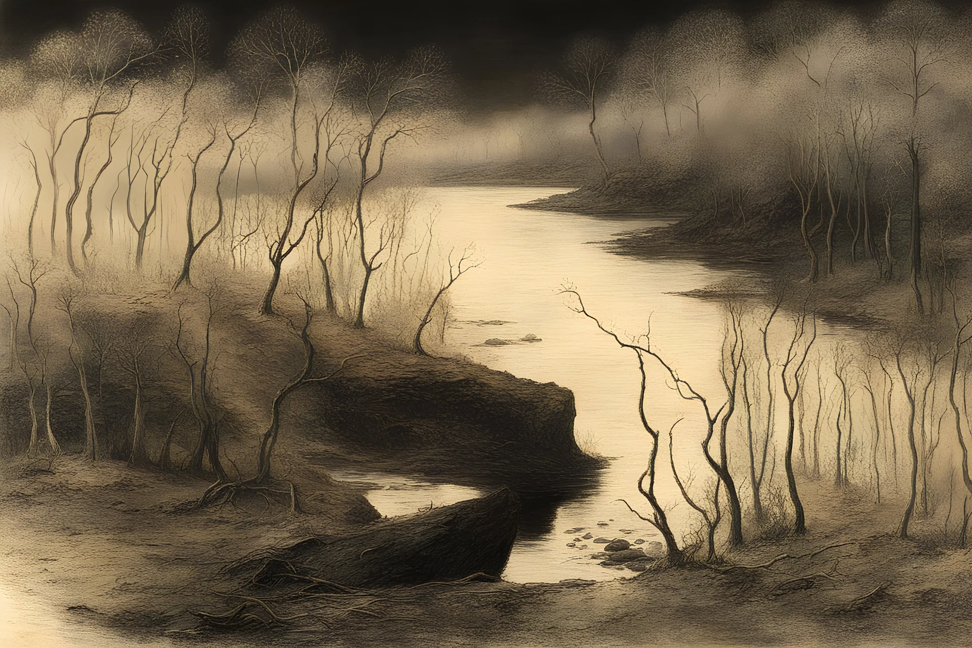 night, mistery and enigmatic, dry weeds, dark new age videoclips influence, disturbing and horror, rocks, epic, hans am ende, juliette wytsman, gustave de smet, and jenny montigny impressionism paintings