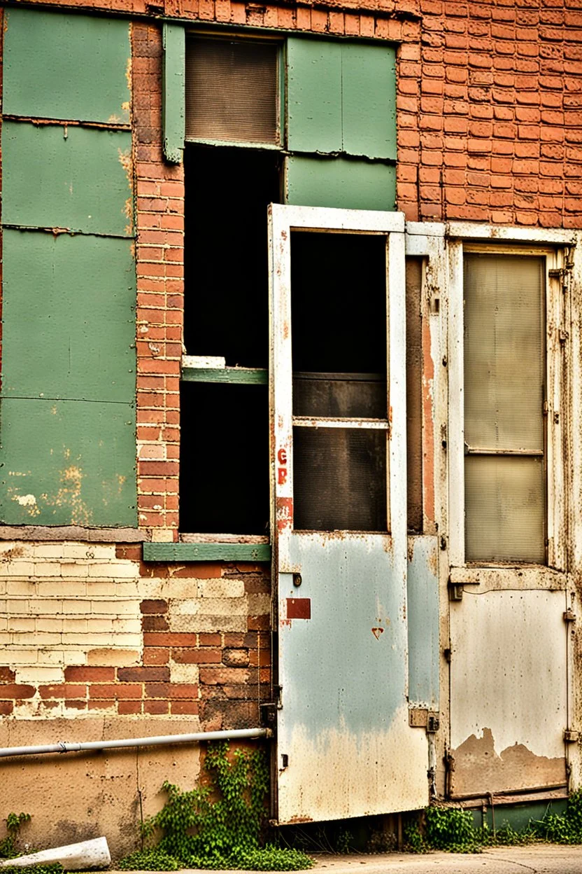 side of an old brick building, with windows, a doorway at the bottom, and worn out painted sign across the top