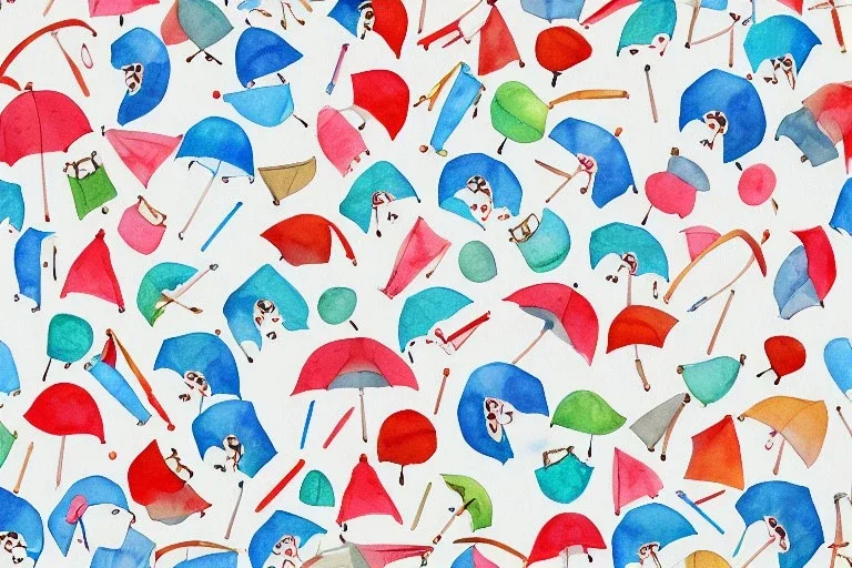 giftwrap pattern with watercolor of umbrellas, children's book illustration, white parchment paper, wrapping paper, white linen, in the style of e. h. shepard