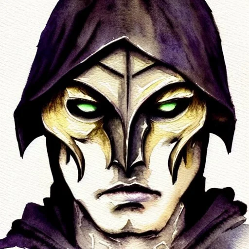 dnd, fantasy, watercolour, portrait, head, face, ilustration, dark cultist, hooded figure, armour, satanic