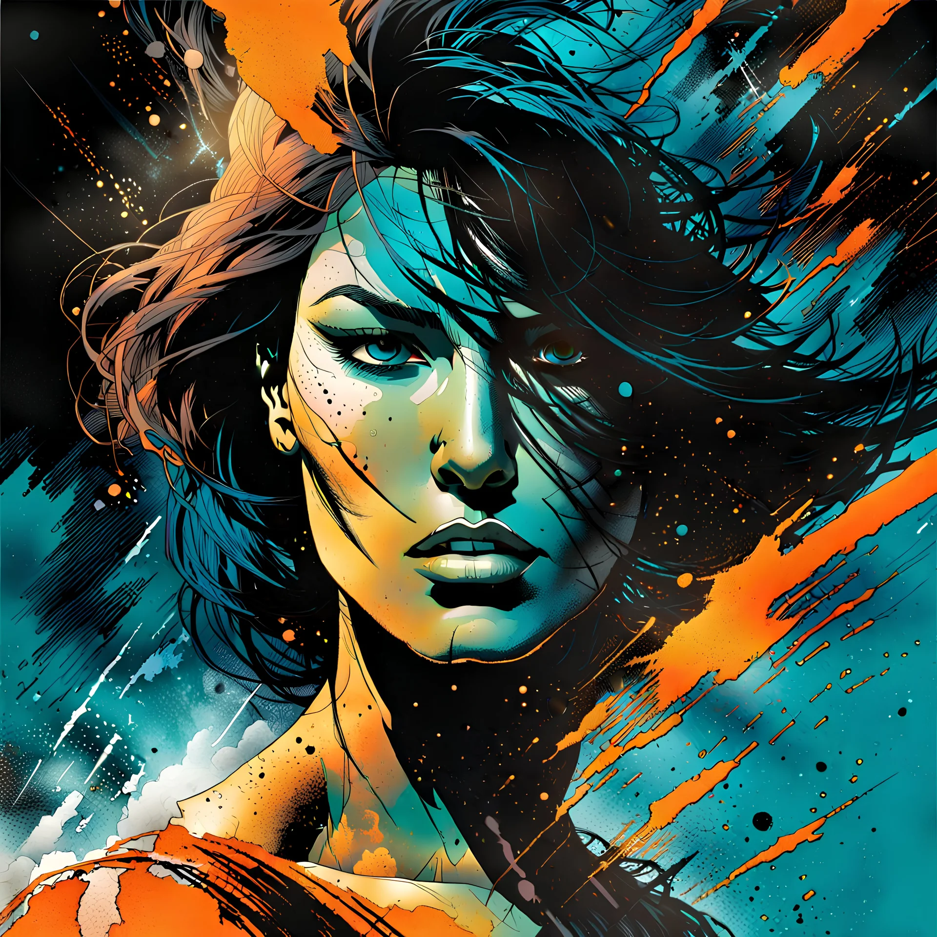 create an abstract portrait illustration of a female face in the process of explosive disintegration with highly detailed and deeply cut facial features, in the comic art style of FRANK MILLER and BILL SIENKIEWICZ, searing lines and forceful strokes, precisely drawn, boldly inked, with gritty textures, vibrant colors, dramatic otherworldly lighting