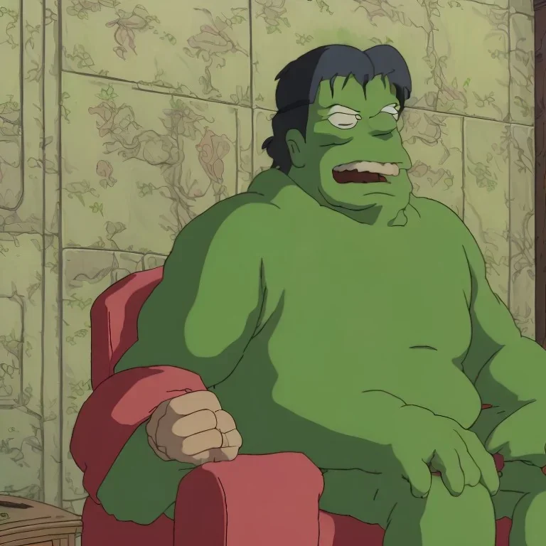 evil retired green man who is retired and green who is sitting on the simpsons couch has a large nose and is holding a duff beer in feet