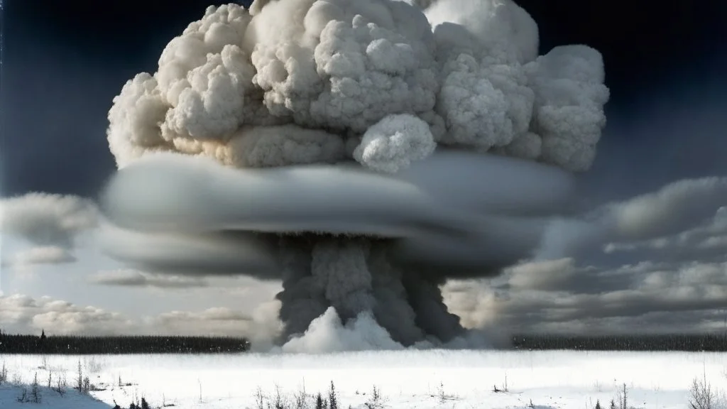 Siberia scenery,taiga forest,winter, heavy clouds, consisting of tall trees and dense vegetation, a mushroom-shaped cloud rises into the sky. The cloud is depicted as a massive column of smoke, dust, and debris, ascending vertically and spreading out at the top, forming a distinctive mushroom-like shape, a barren and desolate scene, with charred remnants of trees scattered across the scorched earth, high resolution photo 24K, high quality, ultraHD, cinematic lighting,