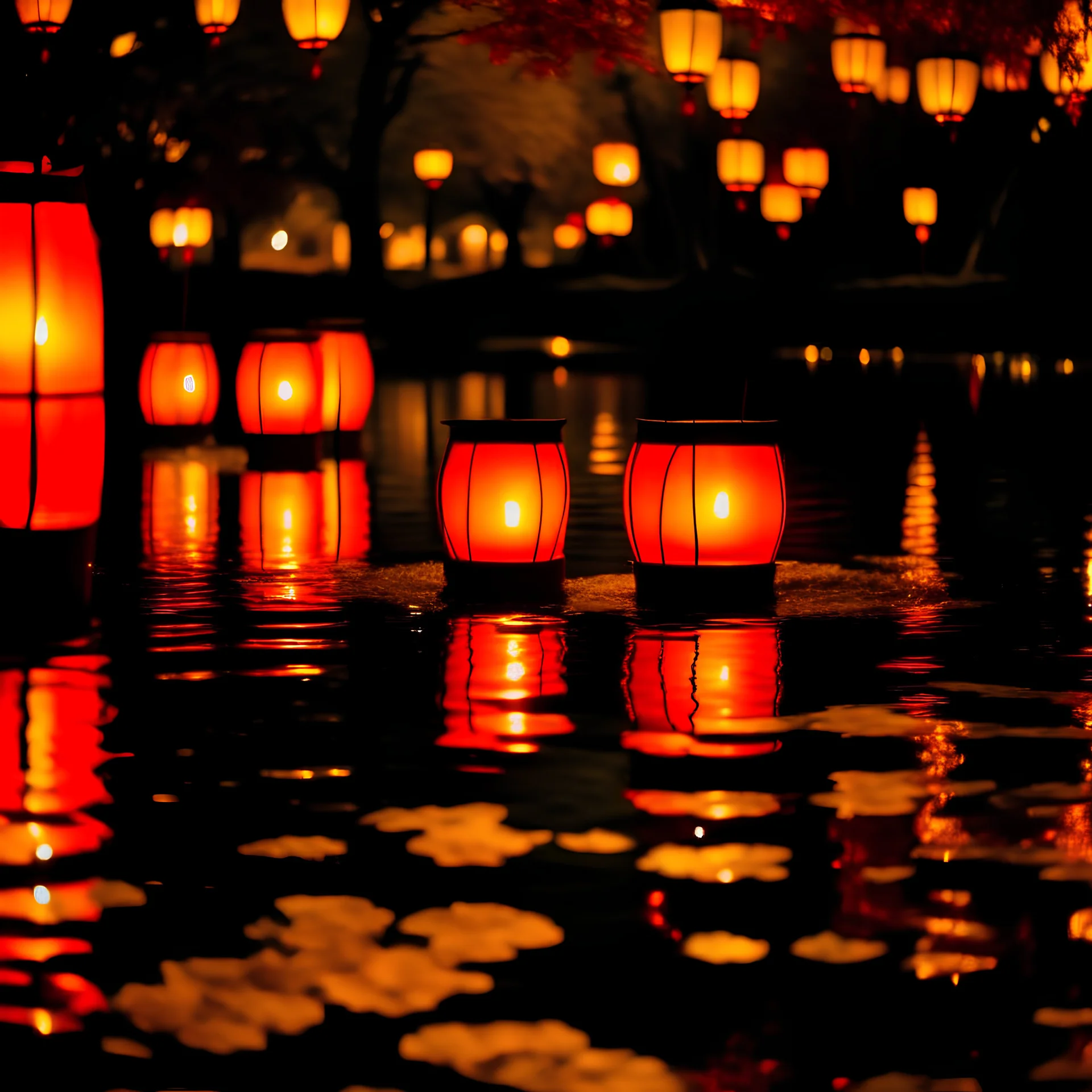 chinese lanterns on a lake, amber colours, night time, photo quality