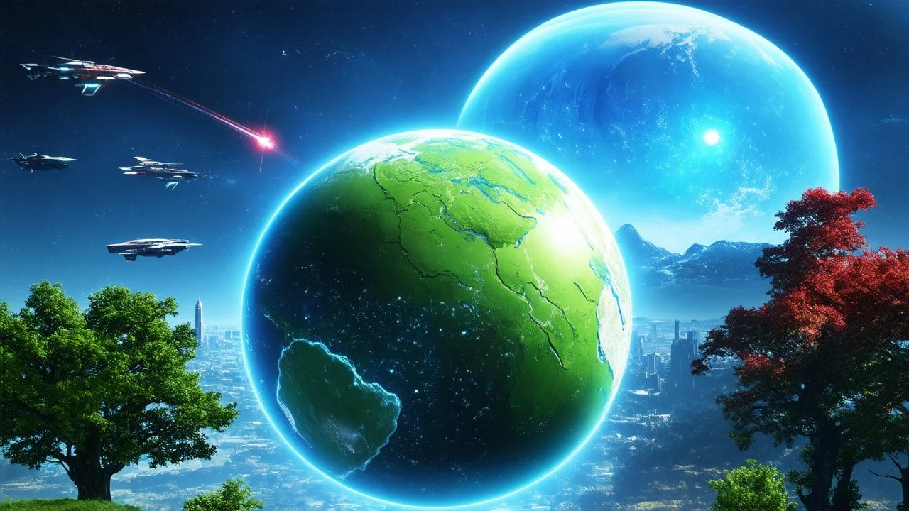 hyper realistic, tron legacy movie, beautiful green untouched planet and an inhabited planet below, space ships and few planets on the left, city of the future with green and dark red trees, hyper realistic