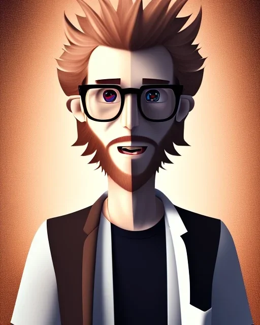 a tall guy who is skinny and scrawny with blond hair and blond beard. his hair is to the left side and he wears glasses. he is wearing a white t-shirt, black jeans and has straight teeth and brown shoes. tim burton style