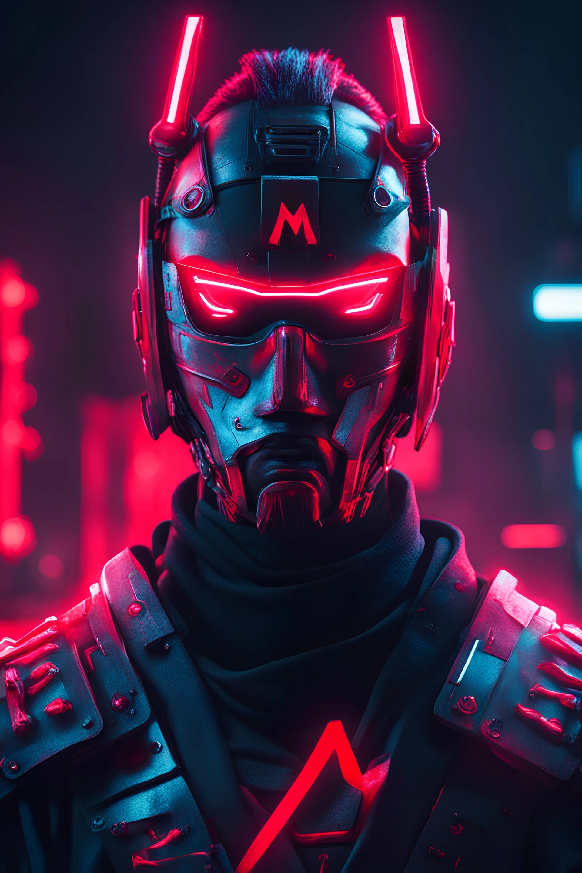 Cyberpunk samurai wearing a face mask with the letter "m" above his head red neon light.