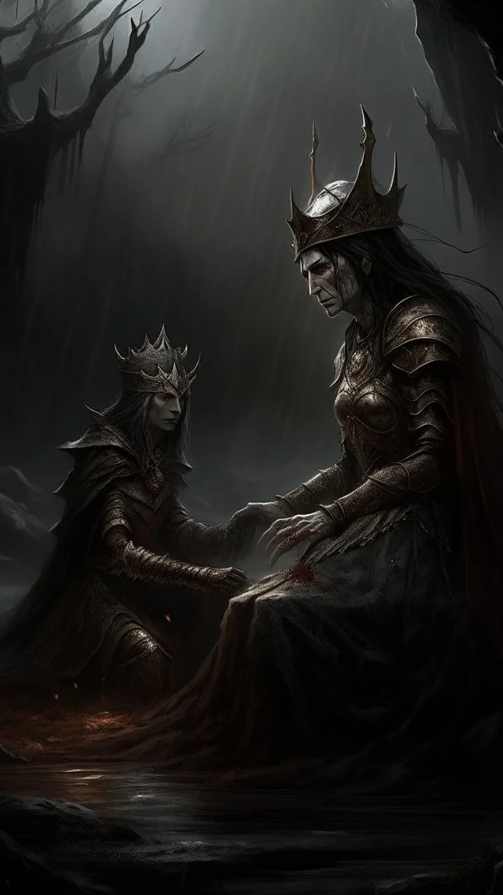 The picture depicts a moment of despair and a difficult decision when a battle breaks out between the Queen and morgant, but to no avail. The darkness accelerates around them, and it becomes clear that the kingdom will pay a heavy price. In a moment of deep despair, the Queen decides to sacrifice herself to save her people, reflecting the strength of her decision and the great sacrifice with which she returns to serve the Kingdom and her people.