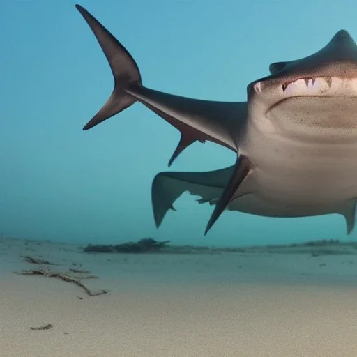 a hammer-head shark with dog legs walking on a beach