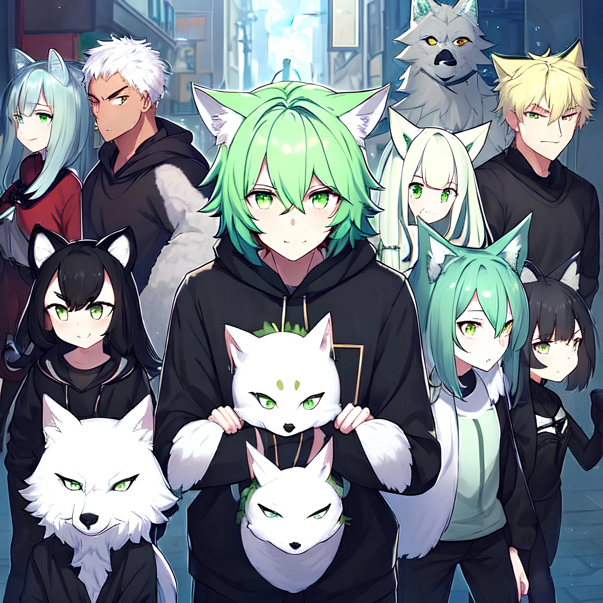 In anime, an anthropomorphic male character with white fur, white-and-green-haired, white-skinned, green-eyed, wolf ears, whiskers, a black hoodie, and black pants, is on the street in the massive capital.