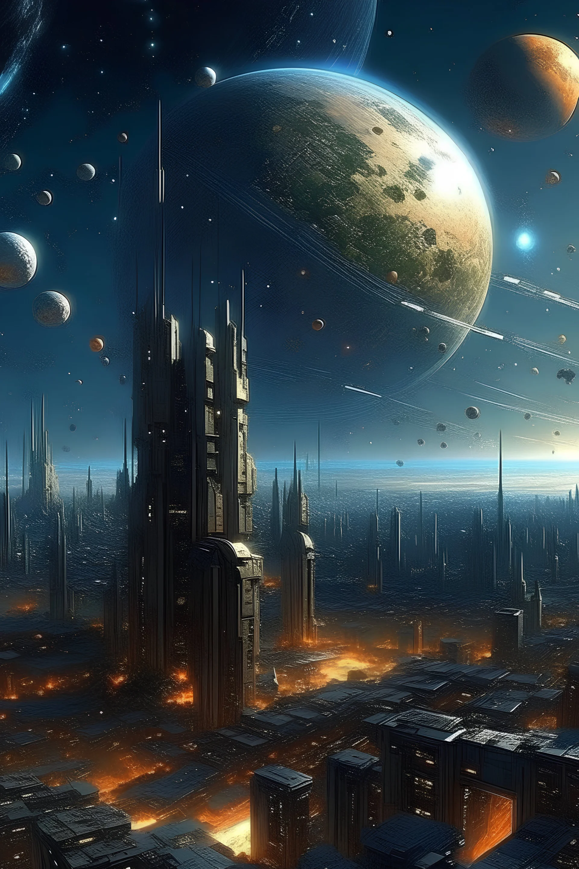 (masterpiece), best quality, galaxy, meteorites, space, beautiful futuristic skyscraper domed city , sun, planets, stars, fractured planet,