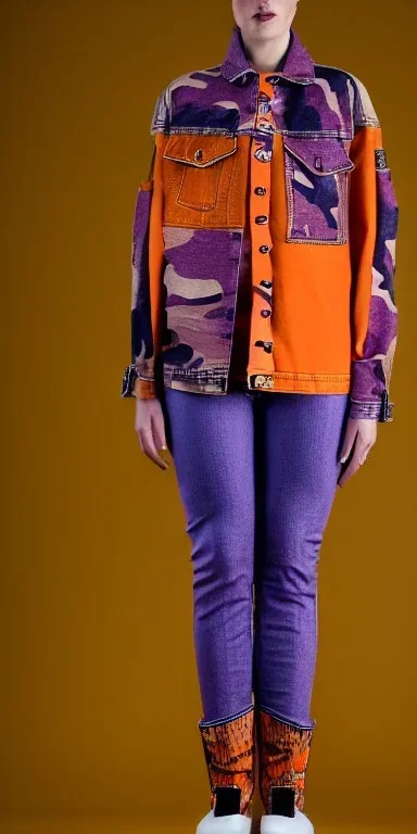 Model, woman. sérigraphie on denim with orange,terracotta, cream and purple colors. Camouflage patterns are screen printed on denim. Brunette woman in her 30's. thick thighs, thick calves, flat belly, wide hip. Mantle is sewed of recycled Denim and sewed together of camouflage pieces. It is with big bright purple felt tippet and cream-colored-hood. mantle is merged with satchel. Style: Haute Couture in 1920's and 1990's in New York. Paris in 2023